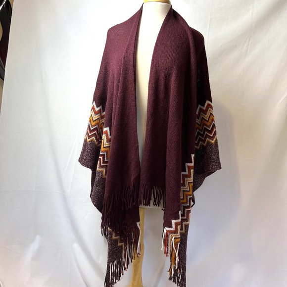 Western Style Blanket Poncho Shawl Sz 0/S Burgundy Silver Thread Orange Gold - Picture 1 of 8